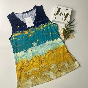 ETCCY SUMMER SEASCAPE BLUE & YELLOW GRAPHIC SLEEVELESS TOP SIZE MEDIUM